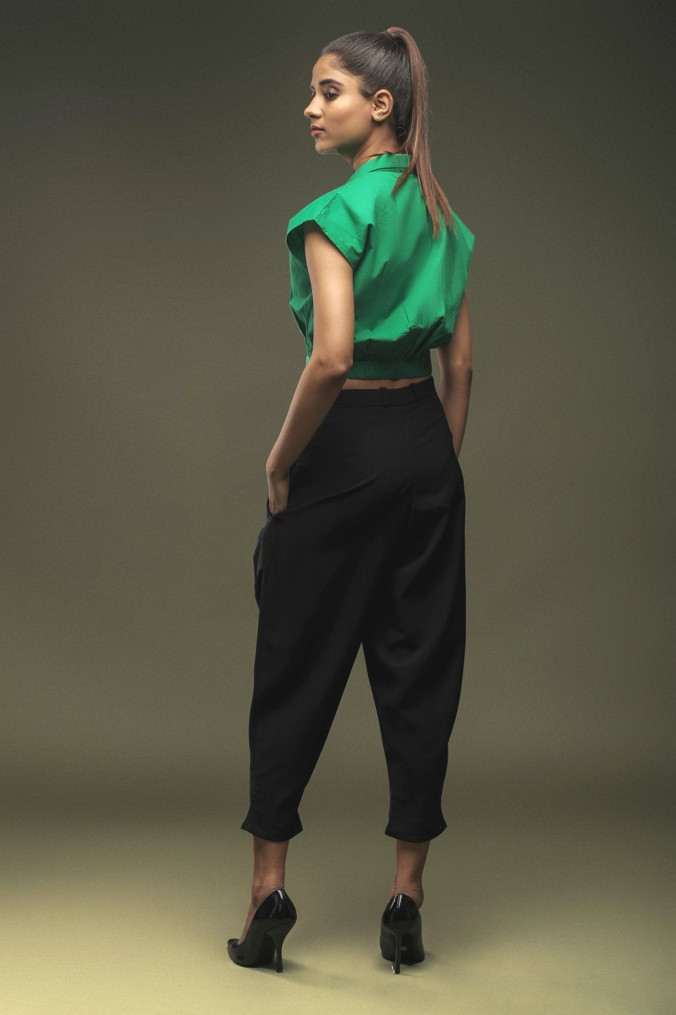 Green Crop Top & Black Cropped Baggy Pant Combo - Dheeraj Sharma