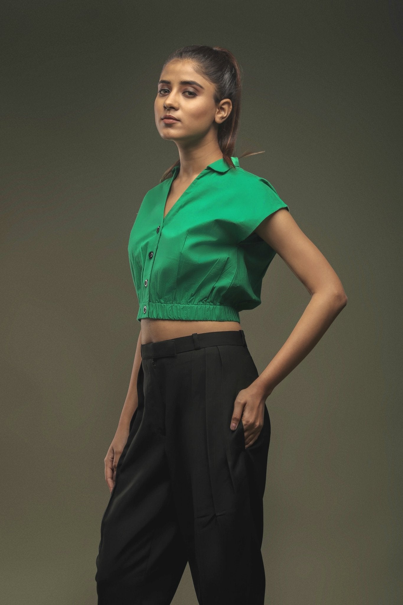 Green Crop Top & Black Cropped Baggy Pant Combo - Dheeraj Sharma