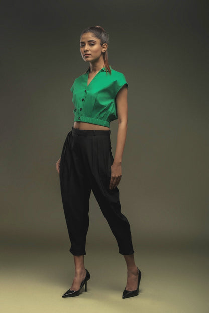 Green Crop Top & Black Cropped Baggy Pant Combo - Dheeraj Sharma