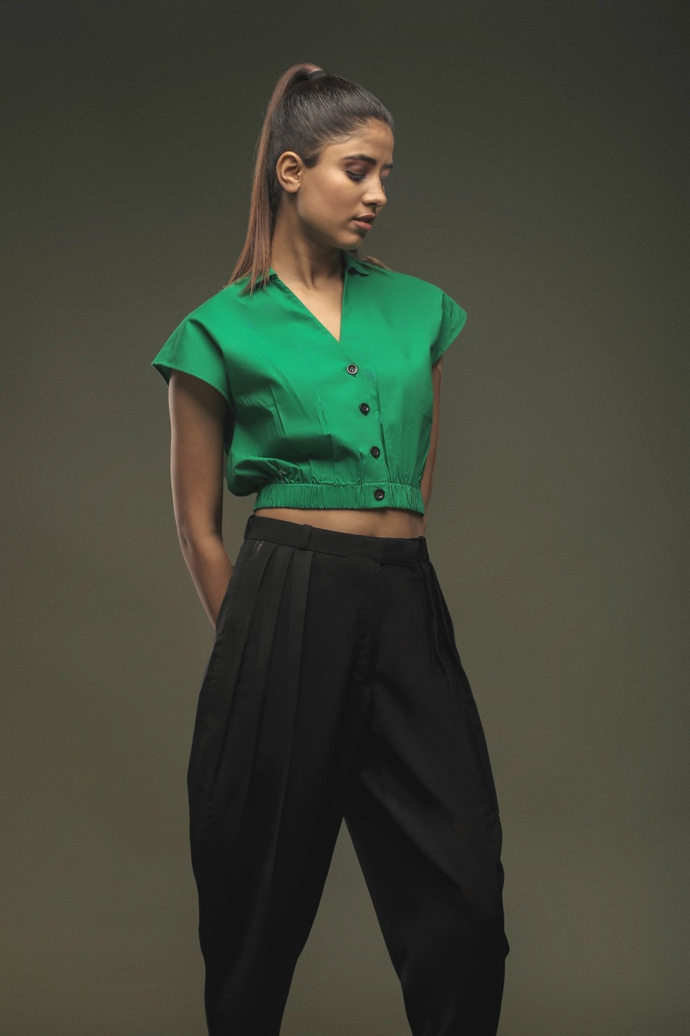 Green Crop Top & Black Cropped Baggy Pant Combo - Dheeraj Sharma