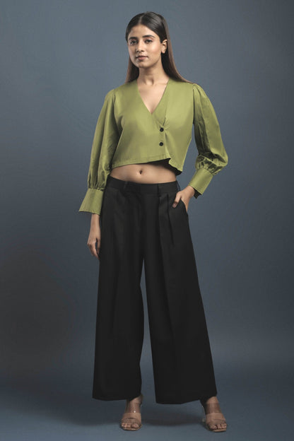 Green Overlapped Shirt & Black Loose Pants Combo - Dheeraj Sharma