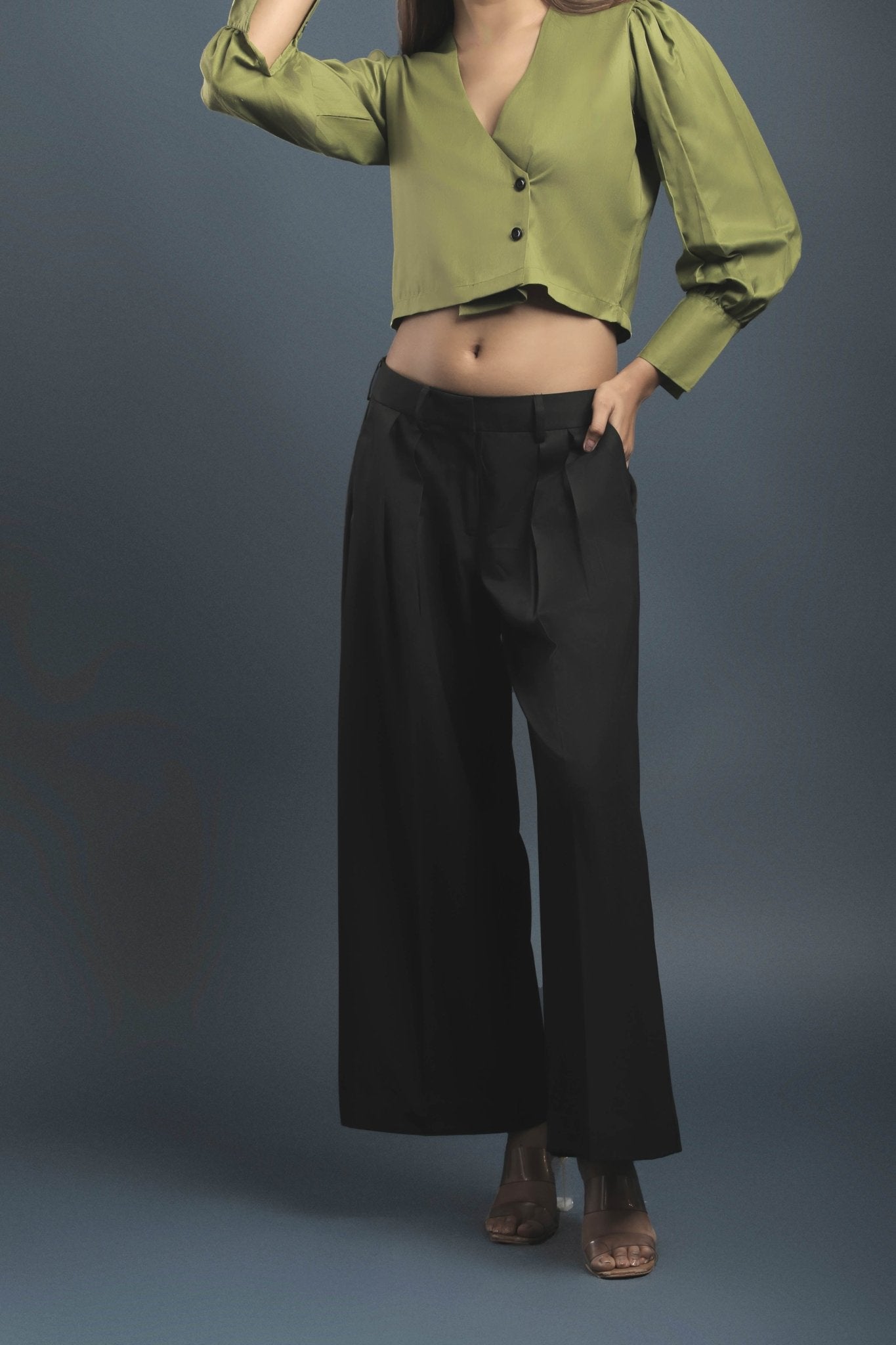 Green Overlapped Shirt & Black Loose Pants Combo - Dheeraj Sharma