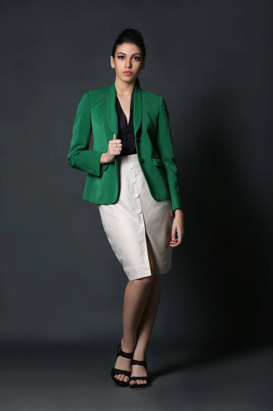 Green Shawl Collar & Beige Front Buttoned Suit