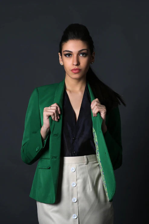 Green Shawl Collar & Beige Front Buttoned Suit