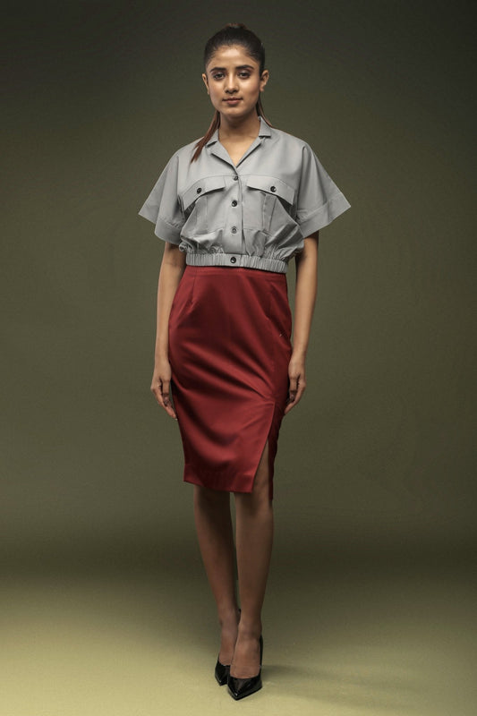 Grey Crop Top & Maroon Knee Length Skirt Combo - Dheeraj Sharma