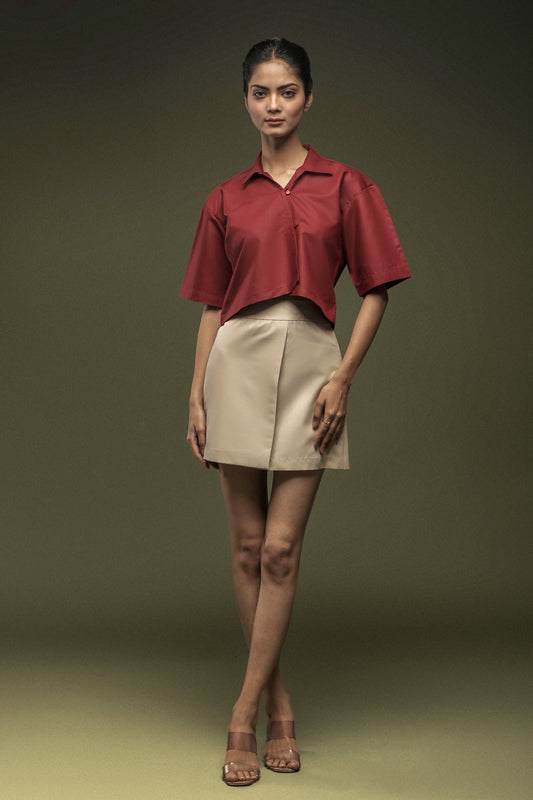 Maroon Cropped Shirt & Beige Short Skirt Combo - Dheeraj Sharma