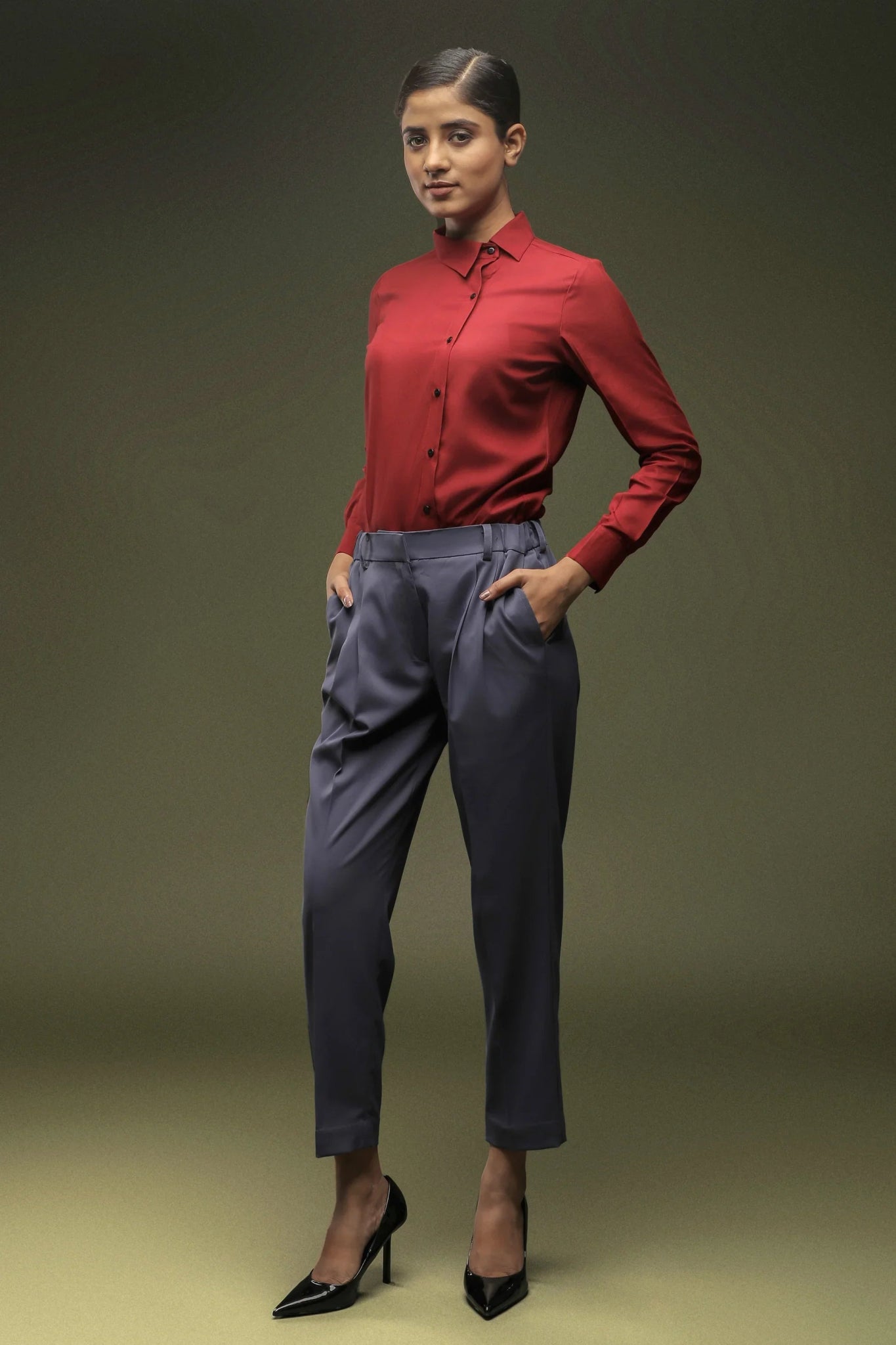 Maroon Cross Placket Shirt & Dark Grey Ankle Length Trouser Combo - Dheeraj Sharma