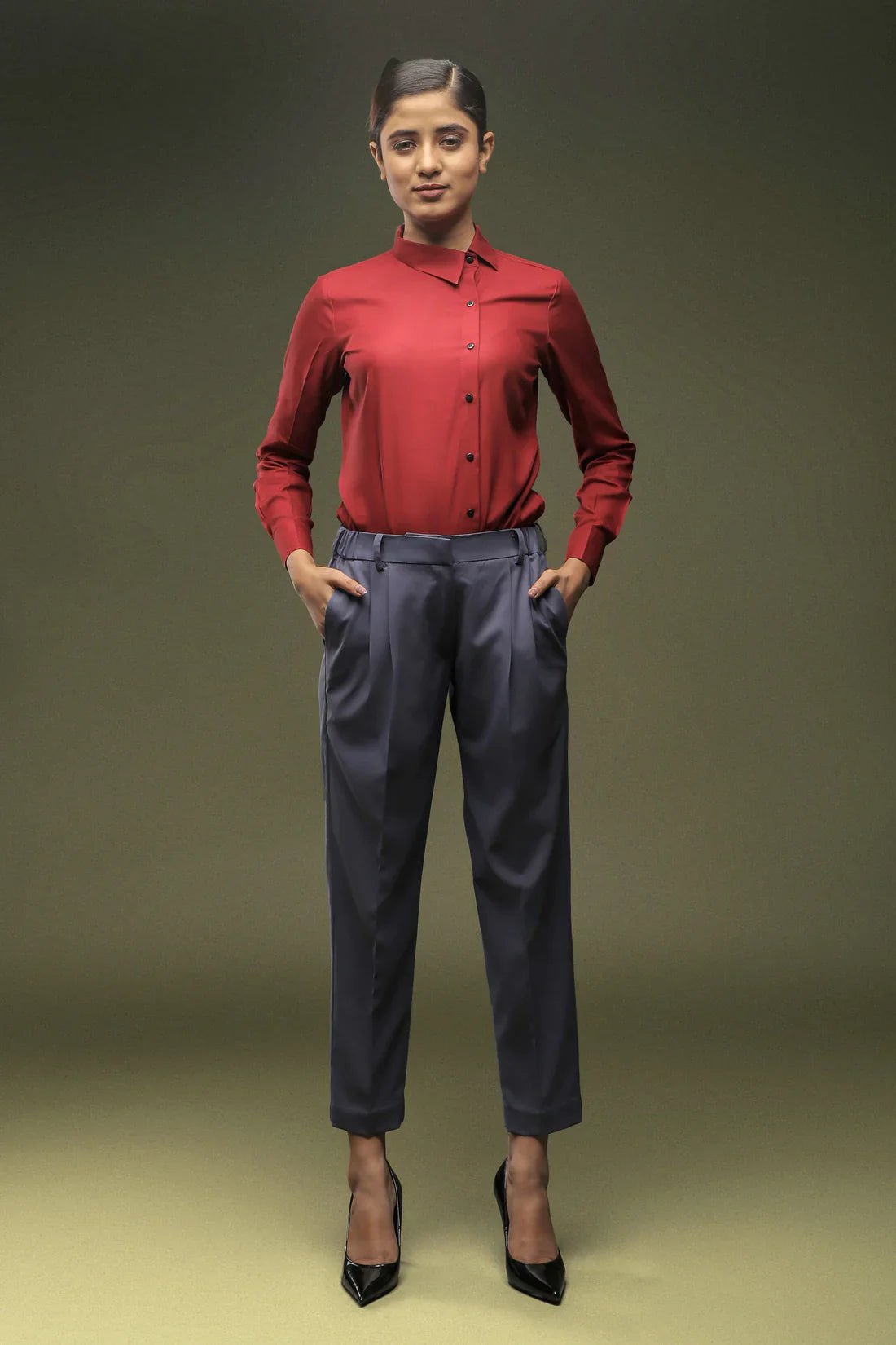 Maroon Cross Placket Shirt & Dark Grey Ankle Length Trouser Combo - Dheeraj Sharma