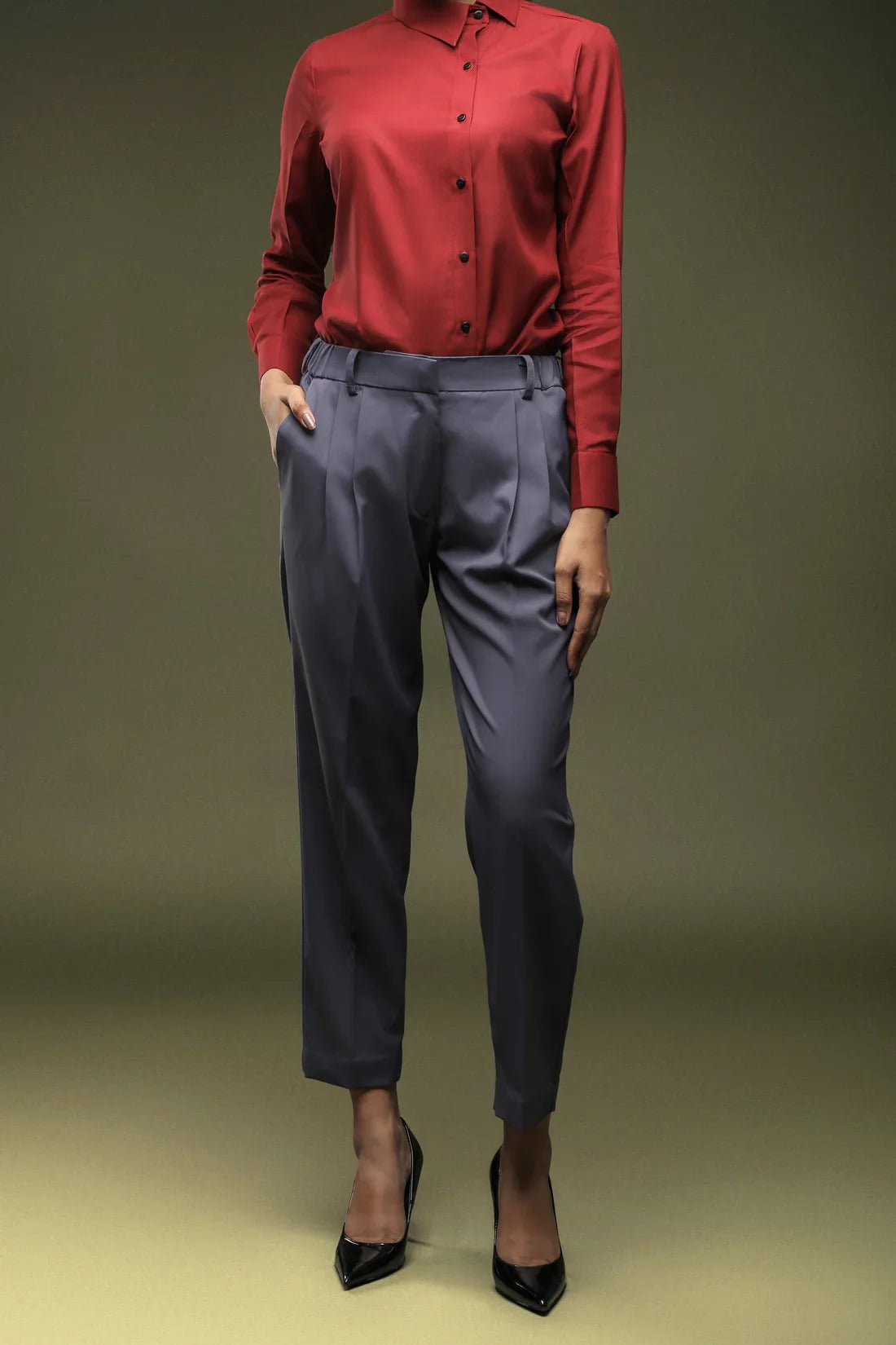 Maroon Cross Placket Shirt & Dark Grey Ankle Length Trouser Combo - Dheeraj Sharma