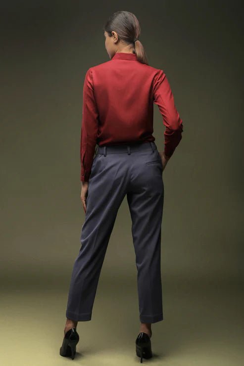 Maroon Cross Placket Shirt & Dark Grey Ankle Length Trouser Combo - Dheeraj Sharma