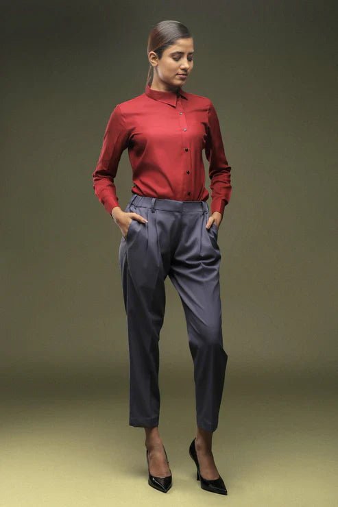 Maroon Cross Placket Shirt & Dark Grey Ankle Length Trouser Combo - Dheeraj Sharma