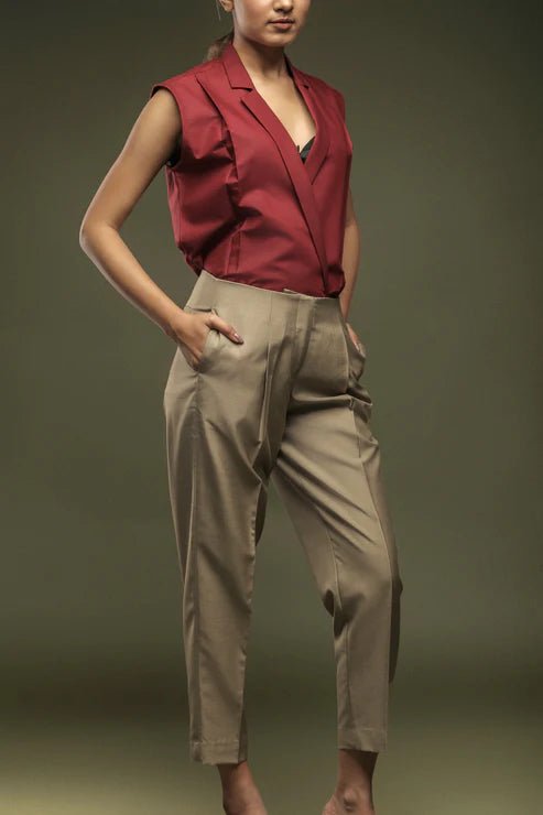 Maroon Notch Collar Shirt & Beige Ankle Length Baggy Pant Combo - Dheeraj Sharma