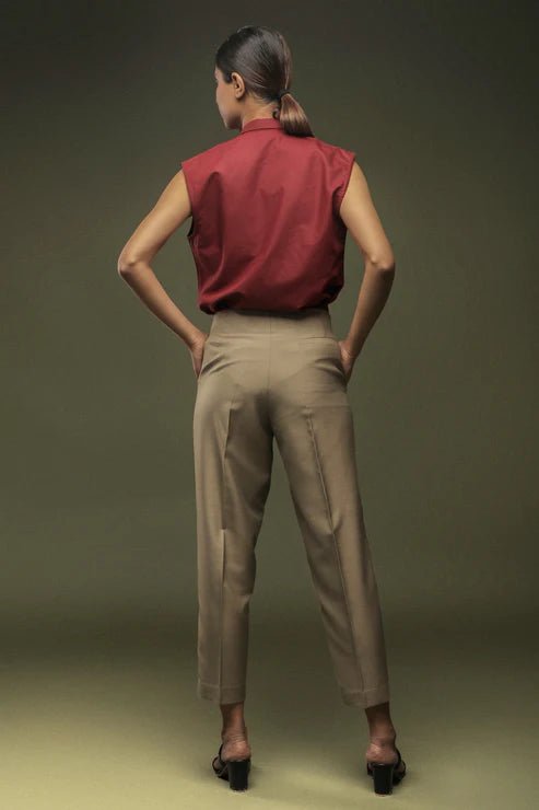 Maroon Notch Collar Shirt & Beige Ankle Length Baggy Pant Combo - Dheeraj Sharma