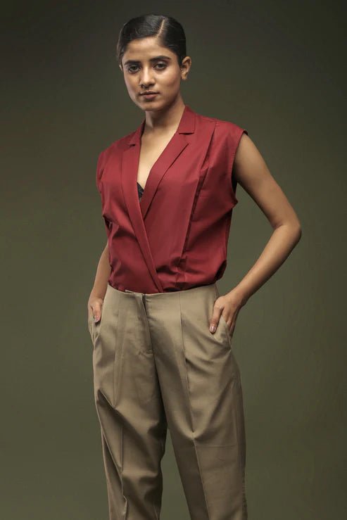 Maroon Notch Collar Shirt & Beige Ankle Length Baggy Pant Combo - Dheeraj Sharma