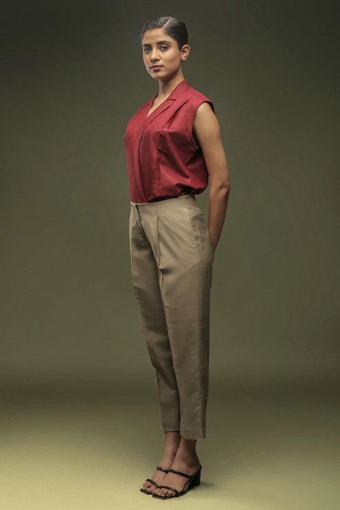 Maroon Notch Collar Shirt & Beige Ankle Length Baggy Pant Combo - Dheeraj Sharma