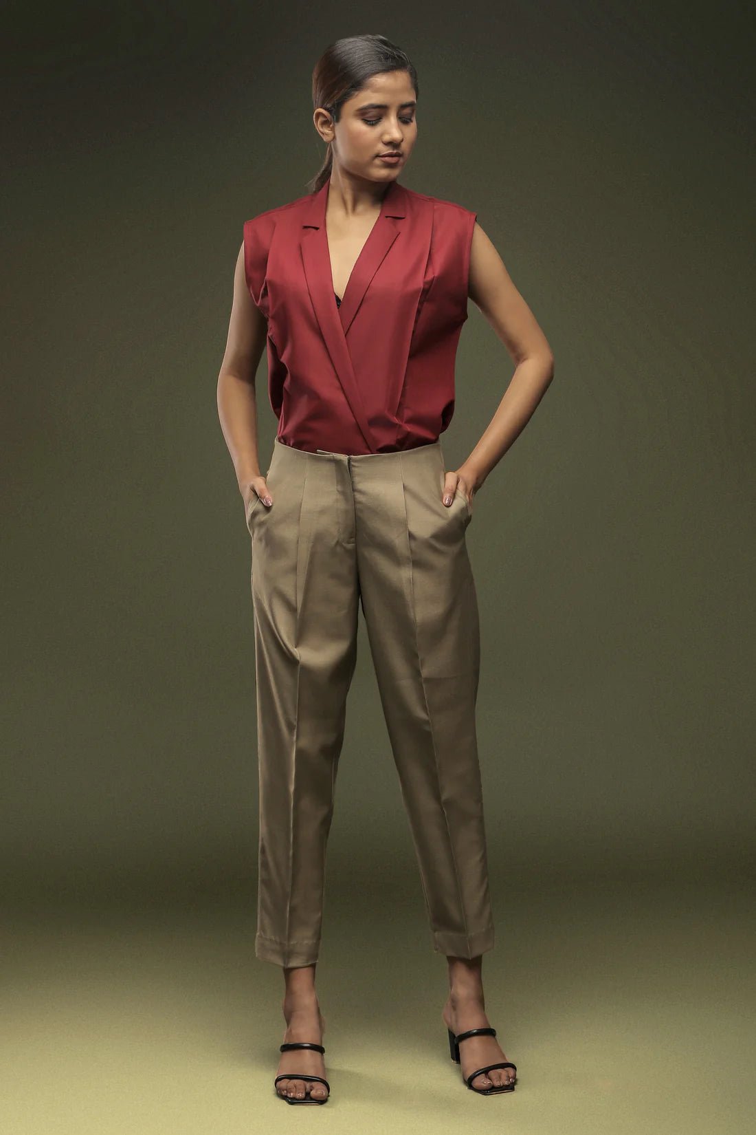 Maroon Notch Collar Shirt & Beige Ankle Length Baggy Pant Combo - Dheeraj Sharma