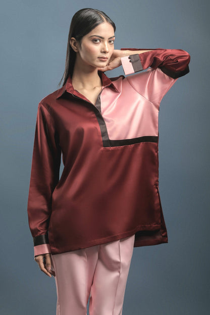 Maroon Yoked Satin Shirt - Dheeraj Sharma