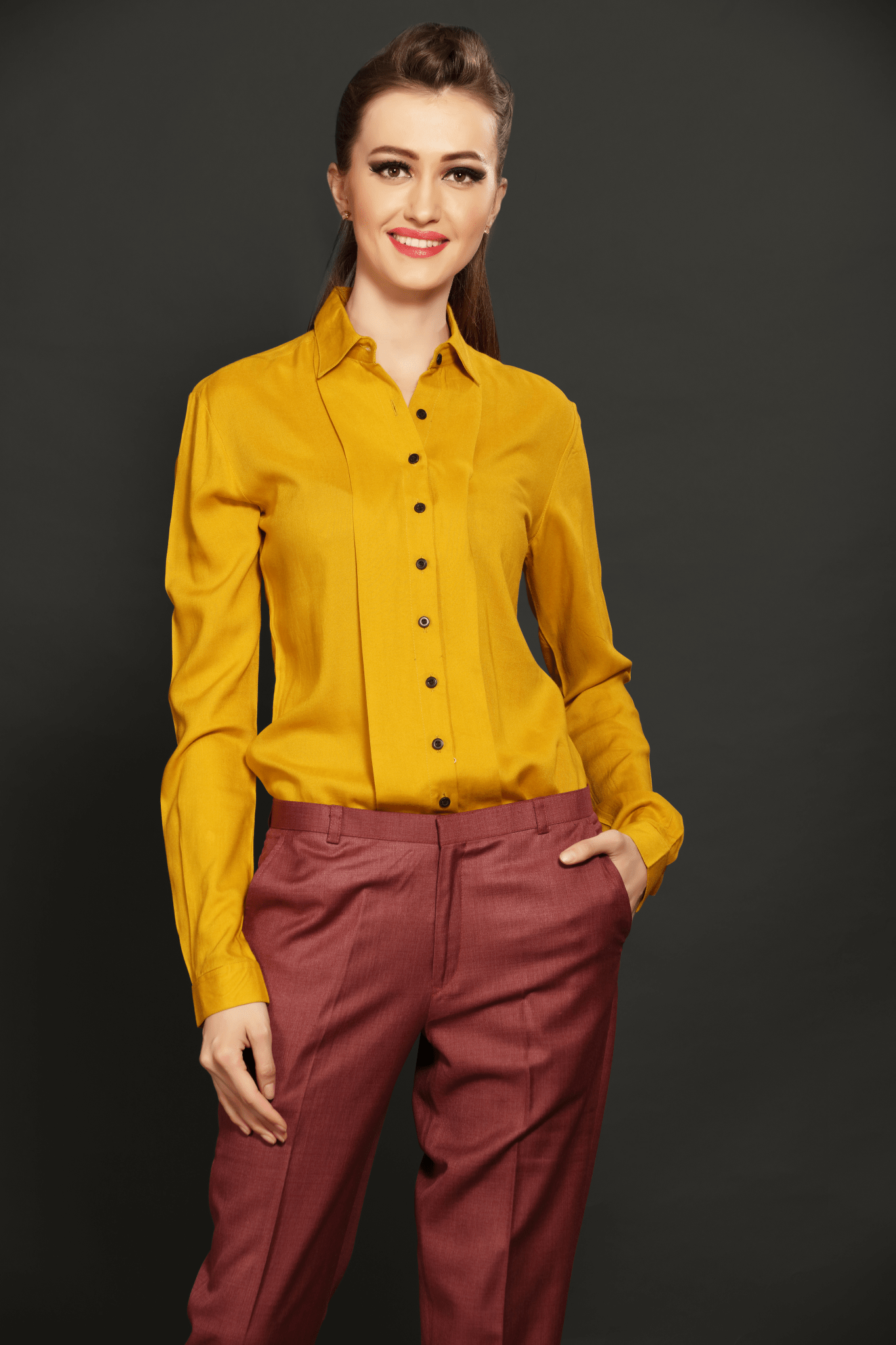 Mustard Panel Shirt & Brick Red Formal Trouser Combo - Dheeraj Sharma