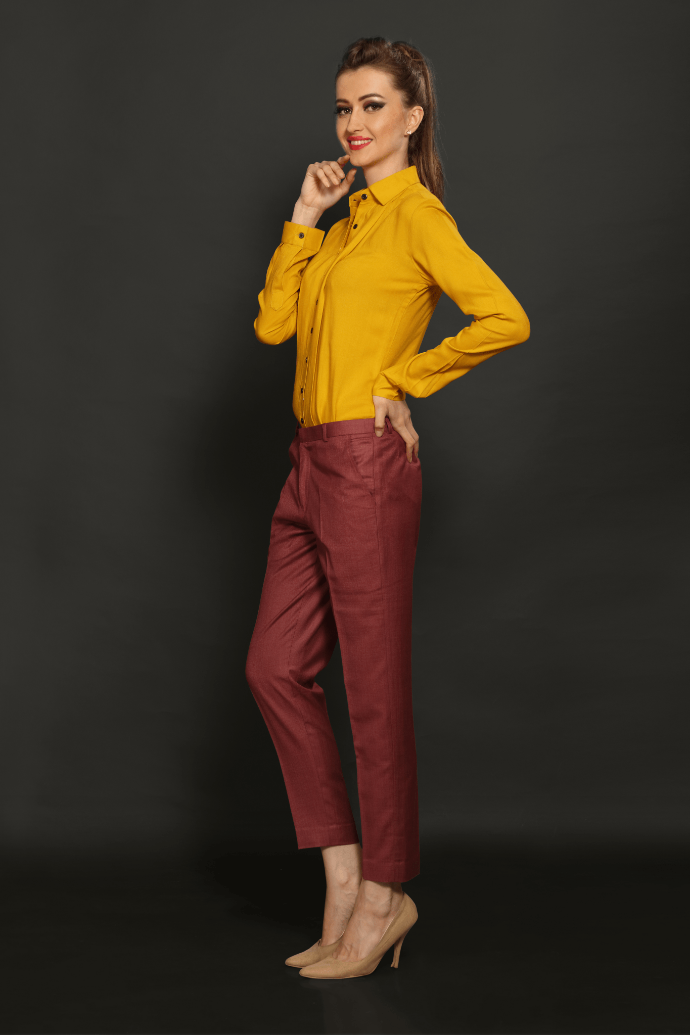 Mustard Panel Shirt & Brick Red Formal Trouser Combo - Dheeraj Sharma