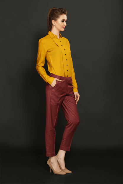 Mustard Panel Shirt & Brick Red Formal Trouser Combo - Dheeraj Sharma