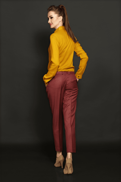 Mustard Panel Shirt & Brick Red Formal Trouser Combo - Dheeraj Sharma