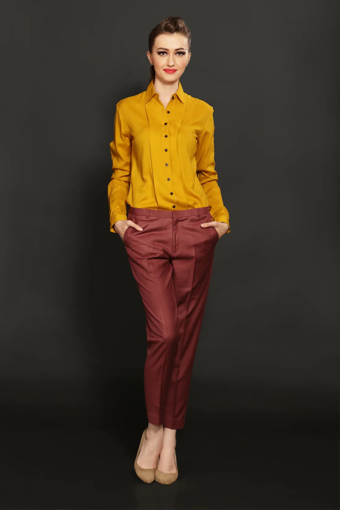 Mustard Panel Shirt & Brick Red Formal Trouser Combo - Dheeraj Sharma