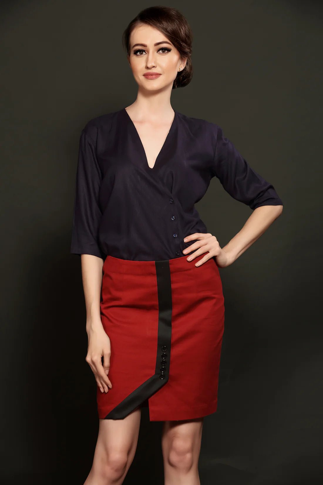 Navy Blue Overlapped Shirt & Maroon Short Skirt Combo - Dheeraj Sharma