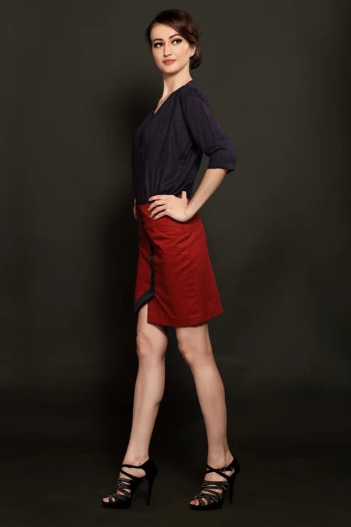 Navy Blue Overlapped Shirt & Maroon Short Skirt Combo - Dheeraj Sharma