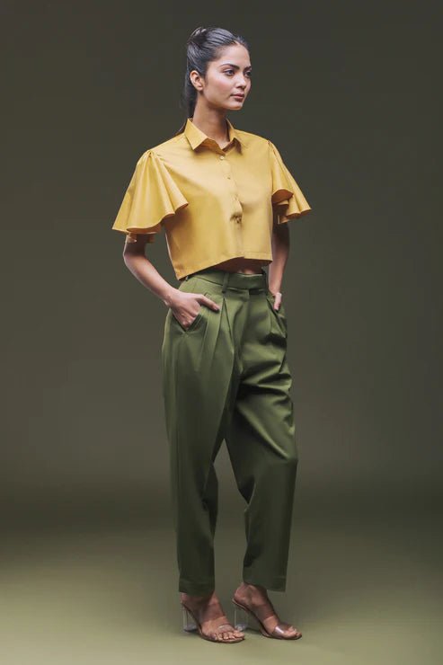 Ochre Yellow Bell Sleeves Top & Moss Green Baggy Pant Combo - Dheeraj Sharma