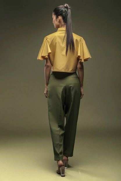 Ochre Yellow Bell Sleeves Top & Moss Green Baggy Pant Combo - Dheeraj Sharma