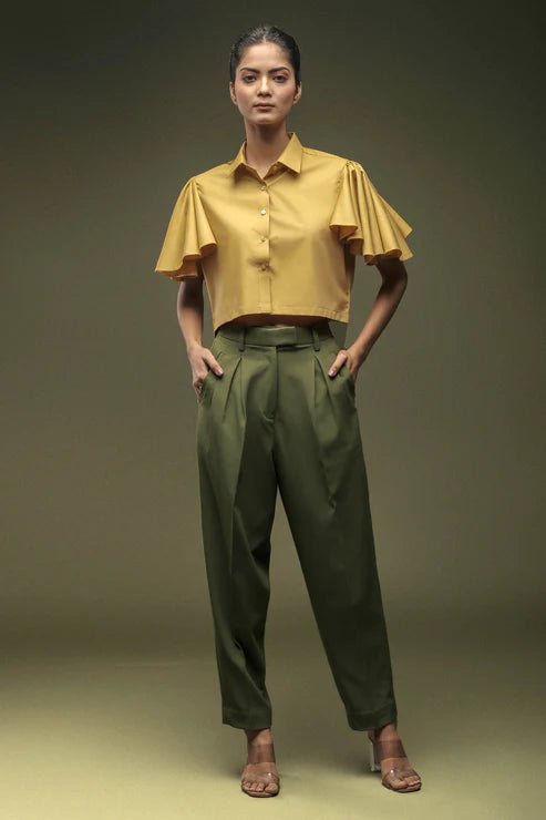 Ochre Yellow Bell Sleeves Top & Moss Green Baggy Pant Combo - Dheeraj Sharma