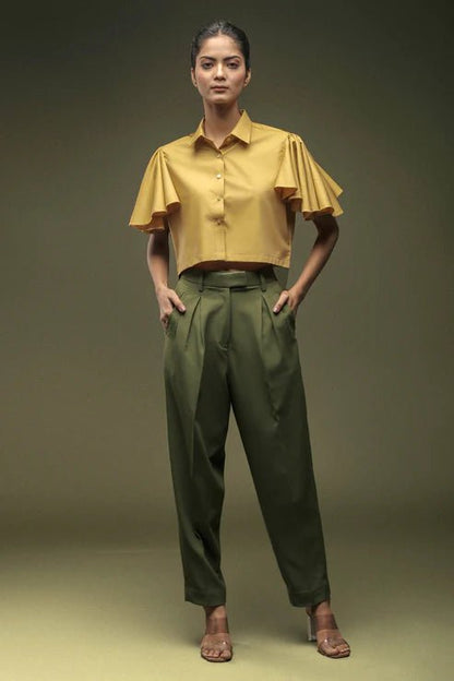 Ochre Yellow Bell Sleeves Top & Moss Green Baggy Pant Combo - Dheeraj Sharma