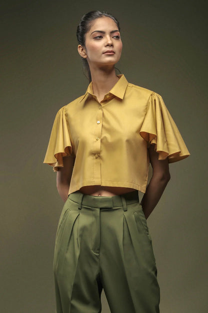 Ochre Yellow Bell Sleeves Top & Moss Green Baggy Pant Combo - Dheeraj Sharma