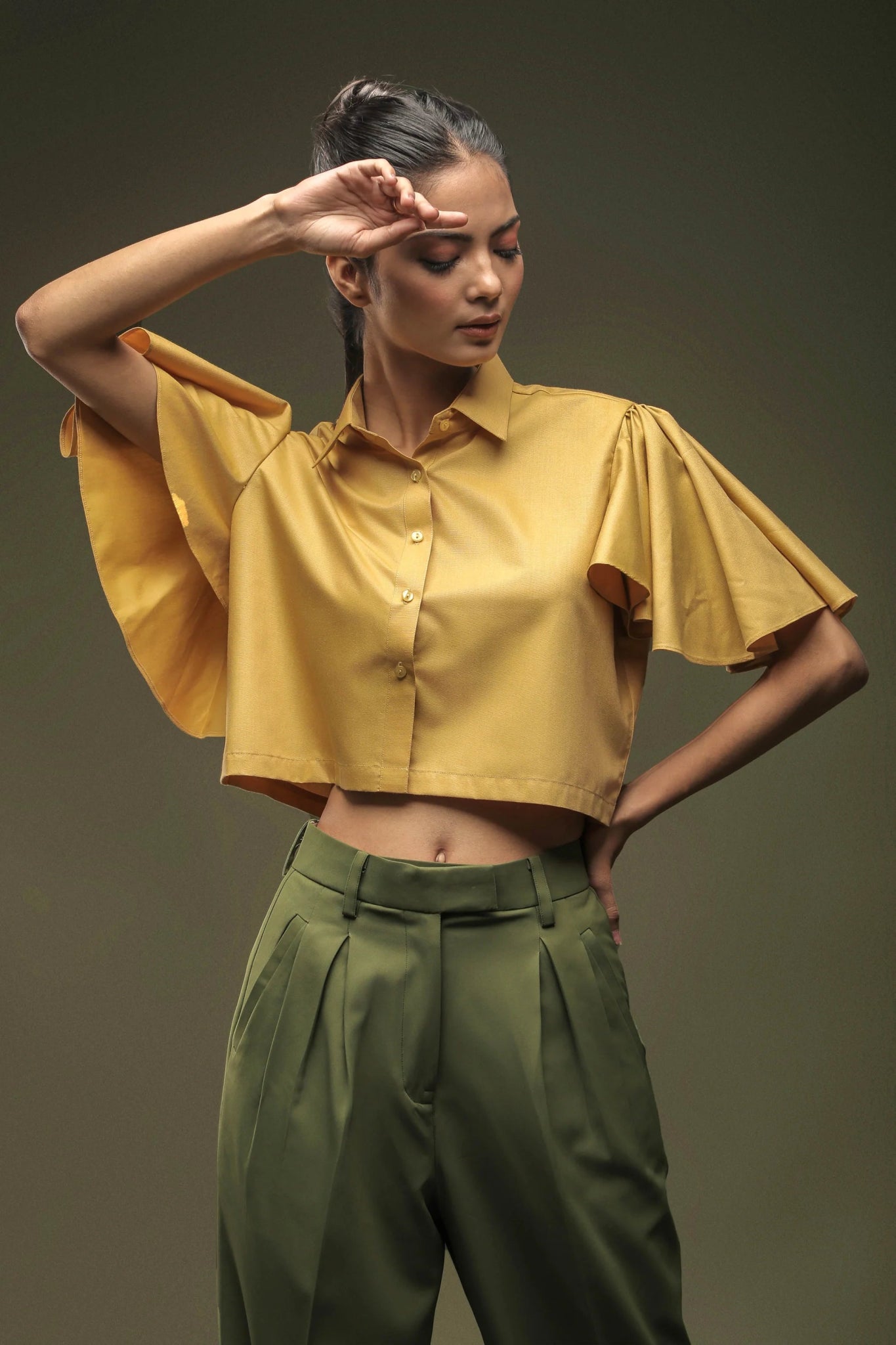 Ochre Yellow Bell Sleeves Top & Moss Green Baggy Pant Combo - Dheeraj Sharma