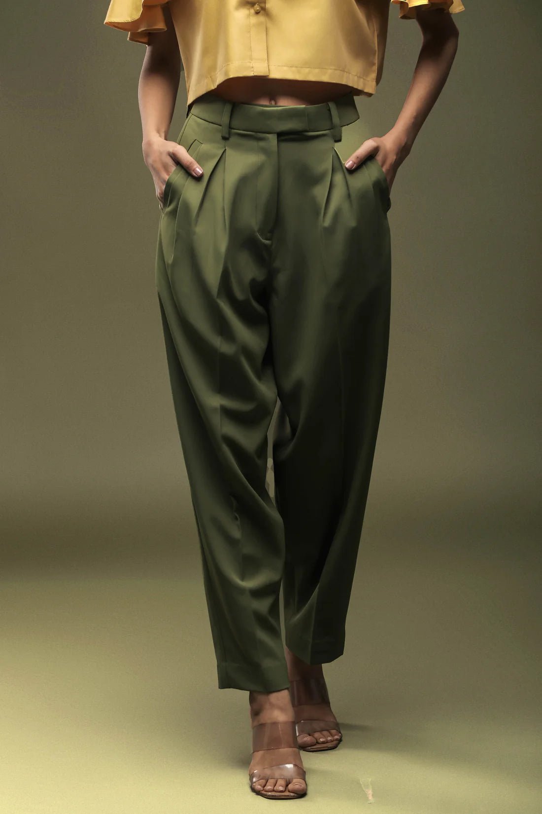 Ochre Yellow Bell Sleeves Top & Moss Green Baggy Pant Combo - Dheeraj Sharma