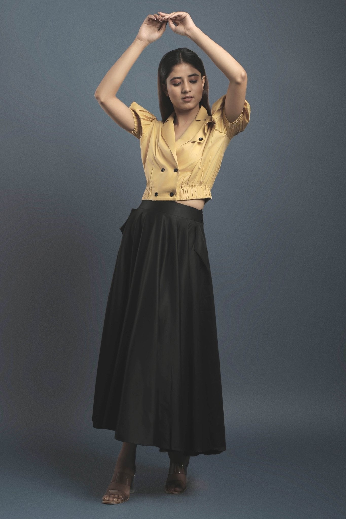 Ochre Yellow Double Breasted Shirt & Black Circular Skirt Combo - Dheeraj Sharma