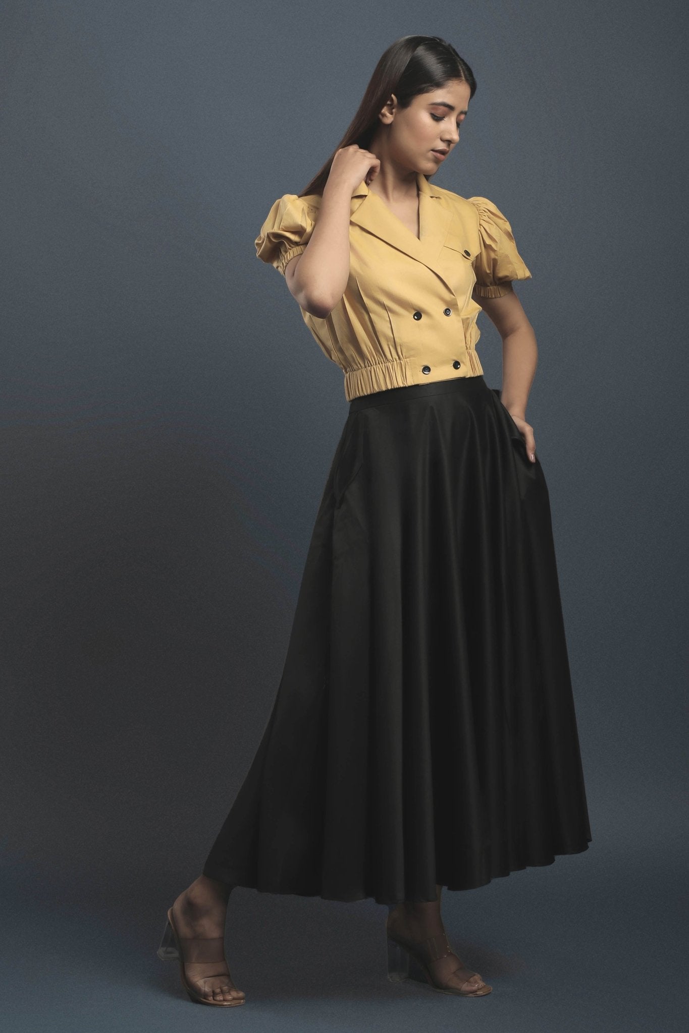 Ochre Yellow Double Breasted Shirt & Black Circular Skirt Combo - Dheeraj Sharma