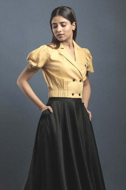 Ochre Yellow Double Breasted Shirt & Black Circular Skirt Combo - Dheeraj Sharma