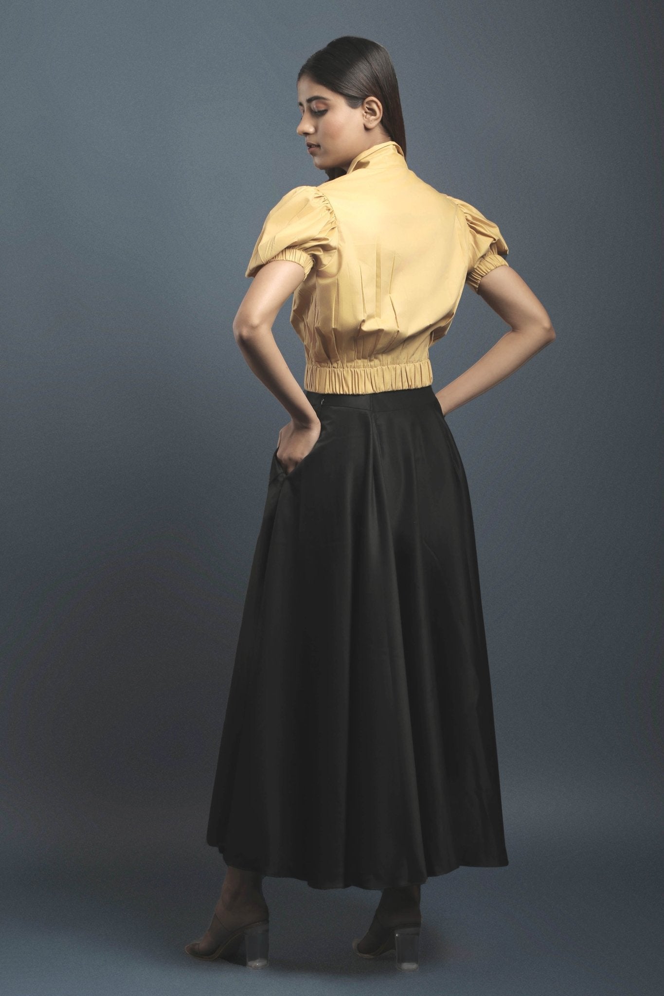 Ochre Yellow Double Breasted Shirt & Black Circular Skirt Combo - Dheeraj Sharma