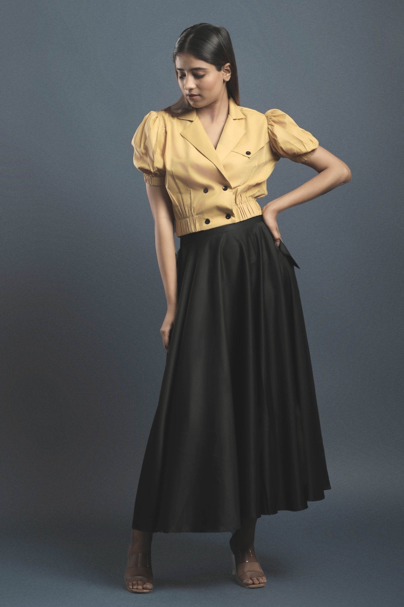 Ochre Yellow Double Breasted Shirt & Black Circular Skirt Combo - Dheeraj Sharma