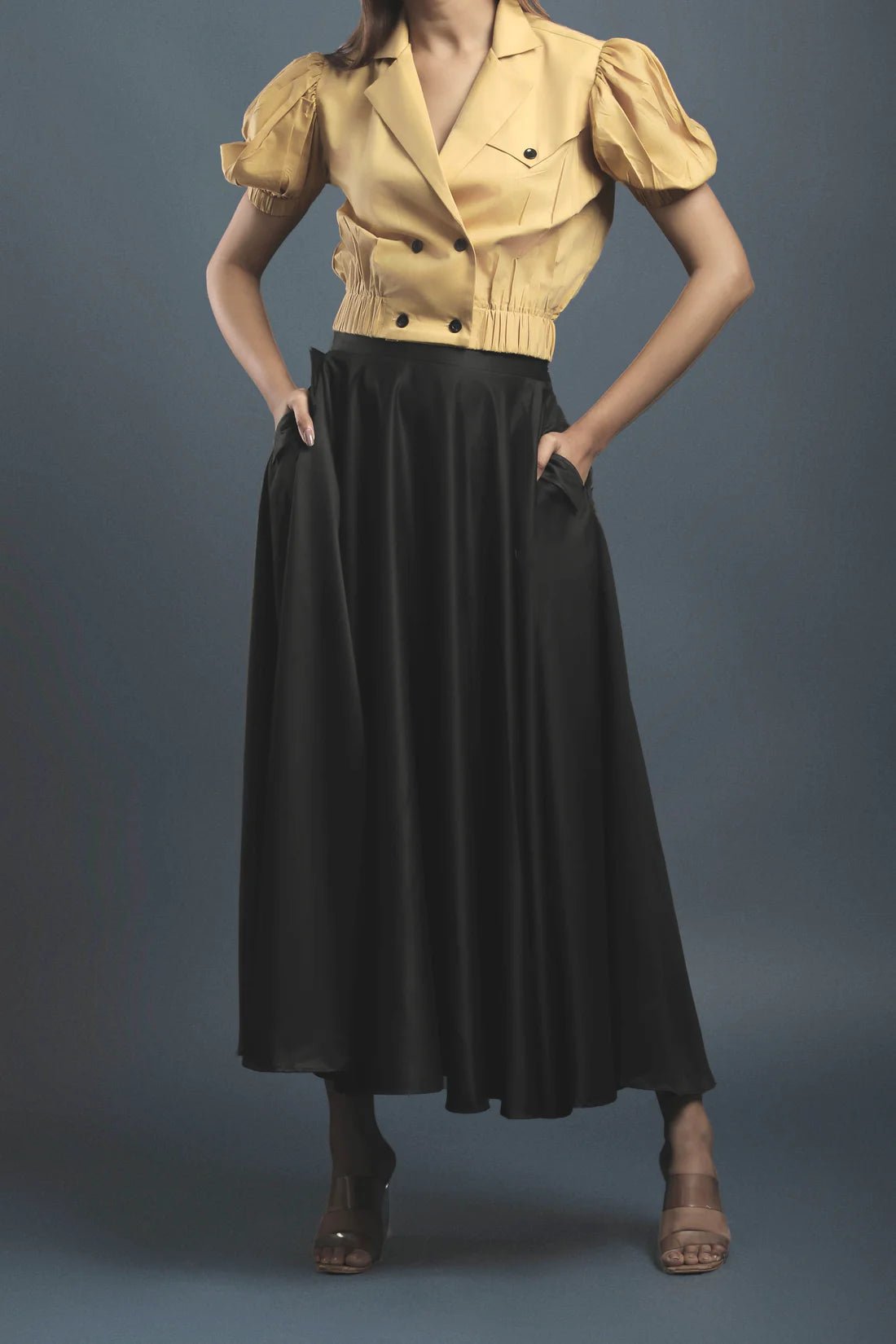 Ochre Yellow Double Breasted Shirt & Black Circular Skirt Combo - Dheeraj Sharma