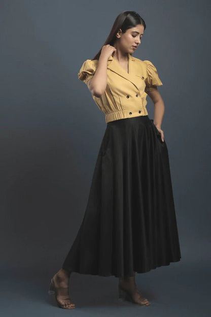 Ochre Yellow Double Breasted Shirt & Black Circular Skirt Combo - Dheeraj Sharma