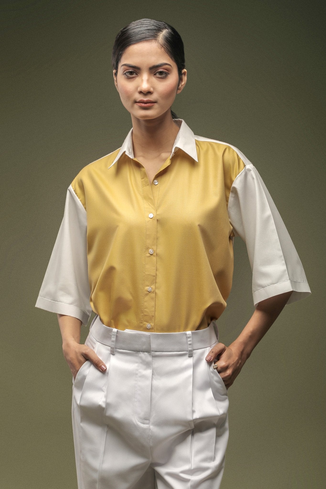 Ochre Yellow Dual Colour Shirt & White Pleated Trouser Combo - Dheeraj Sharma