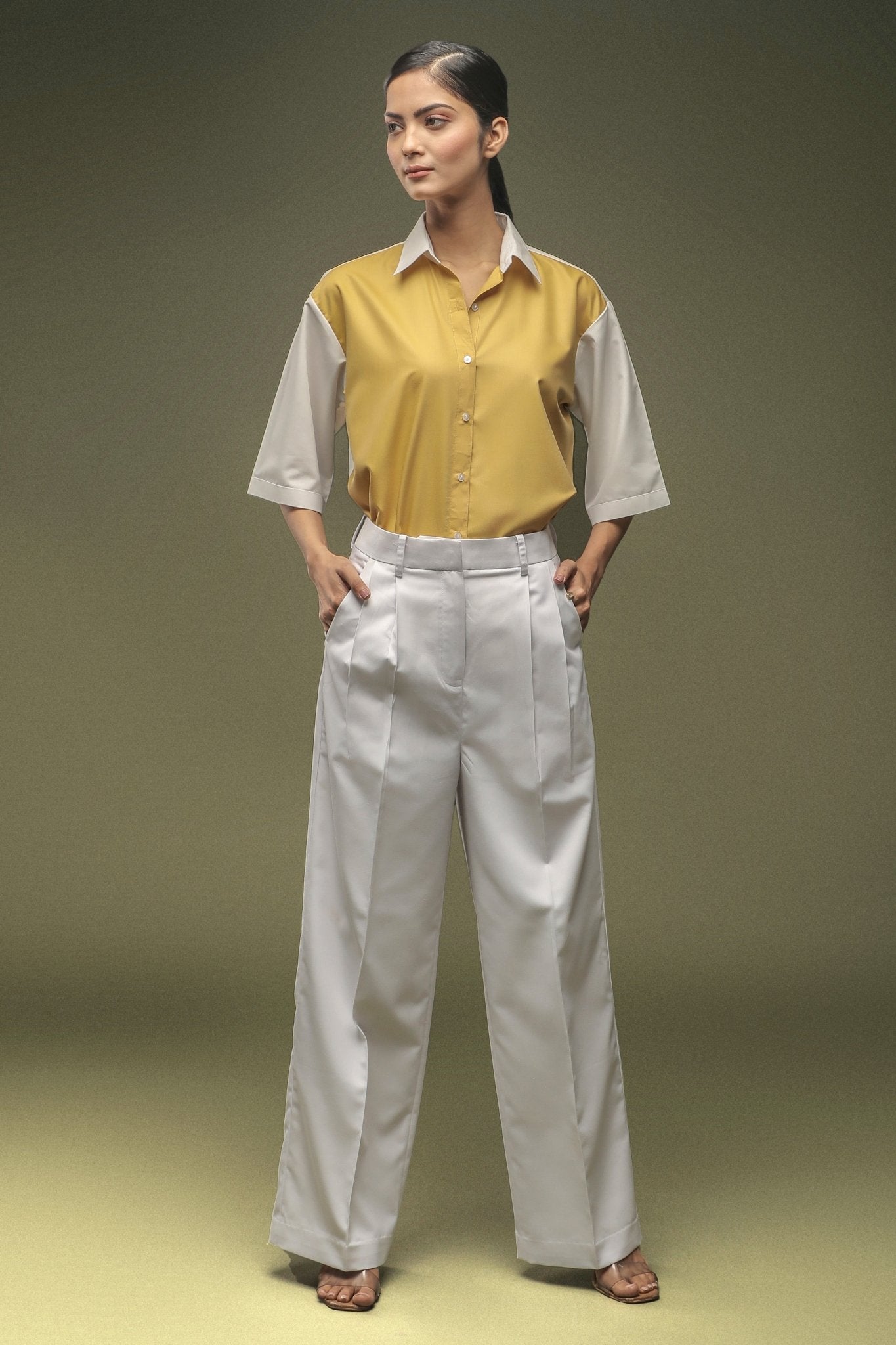 Ochre Yellow Dual Colour Shirt & White Pleated Trouser Combo - Dheeraj Sharma