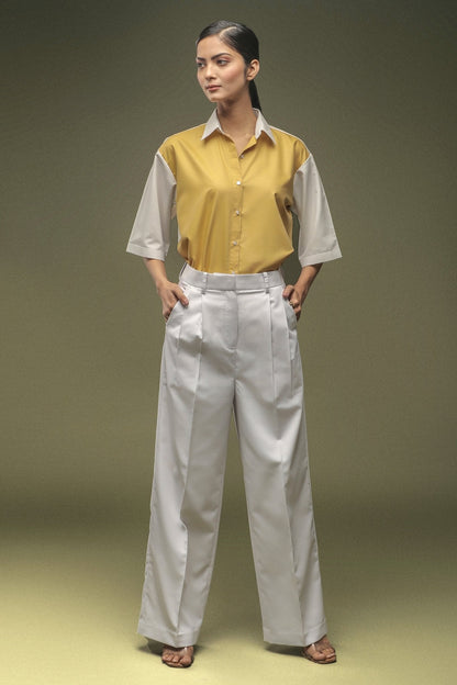 Ochre Yellow Dual Colour Shirt & White Pleated Trouser Combo - Dheeraj Sharma