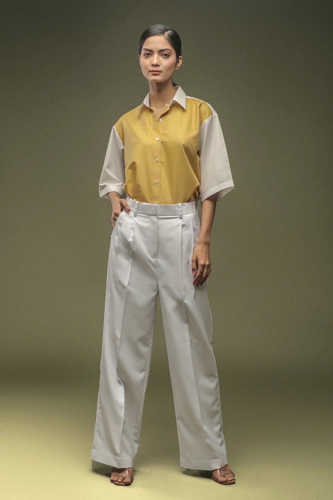 Ochre Yellow Dual Colour Shirt & White Pleated Trouser Combo - Dheeraj Sharma