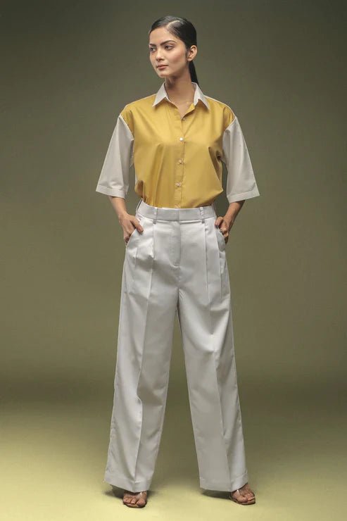 Ochre Yellow Dual Colour Shirt & White Pleated Trouser Combo - Dheeraj Sharma