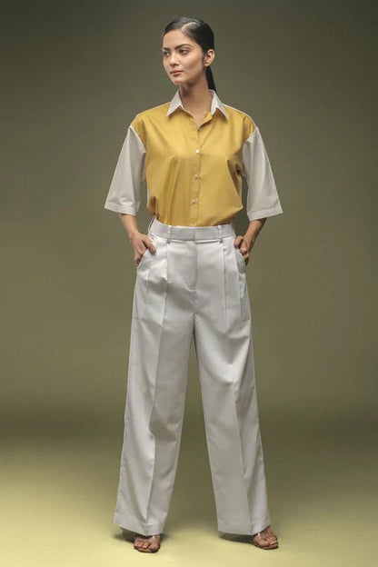 Ochre Yellow Dual Colour Shirt & White Pleated Trouser Combo - Dheeraj Sharma