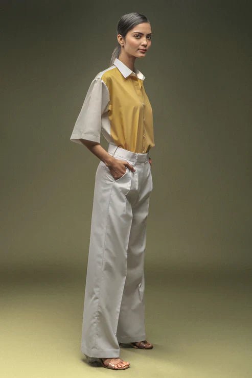 Ochre Yellow Dual Colour Shirt & White Pleated Trouser Combo - Dheeraj Sharma