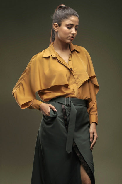 Ochre Yellow Layered Shirt & Green Front Open Skirt Combo - Dheeraj Sharma